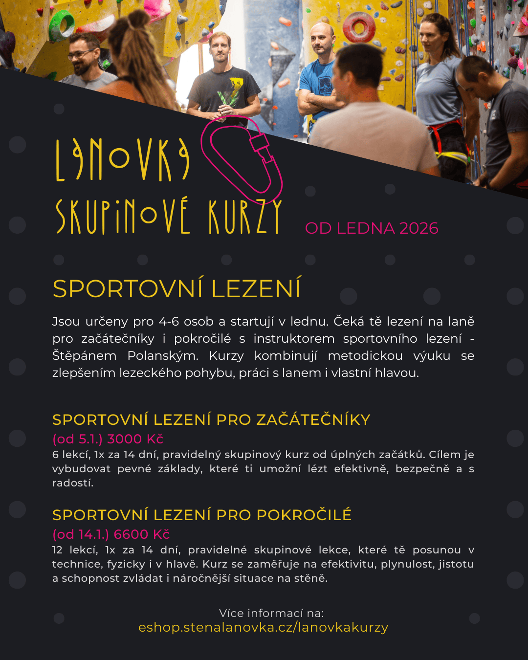 Obrázek skupiny lidí v lanové stěně, instruktor a instruktor na kurzu lezení, sportovní lezení v indoorovém centru.